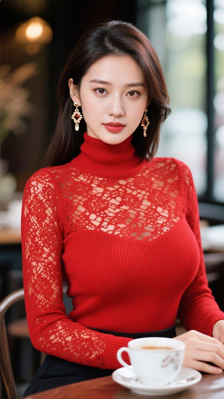 红衫暖茶时光午后的咖啡馆，光影在窗棂间流转。她一袭红衫，高领裹着暖意，衣料