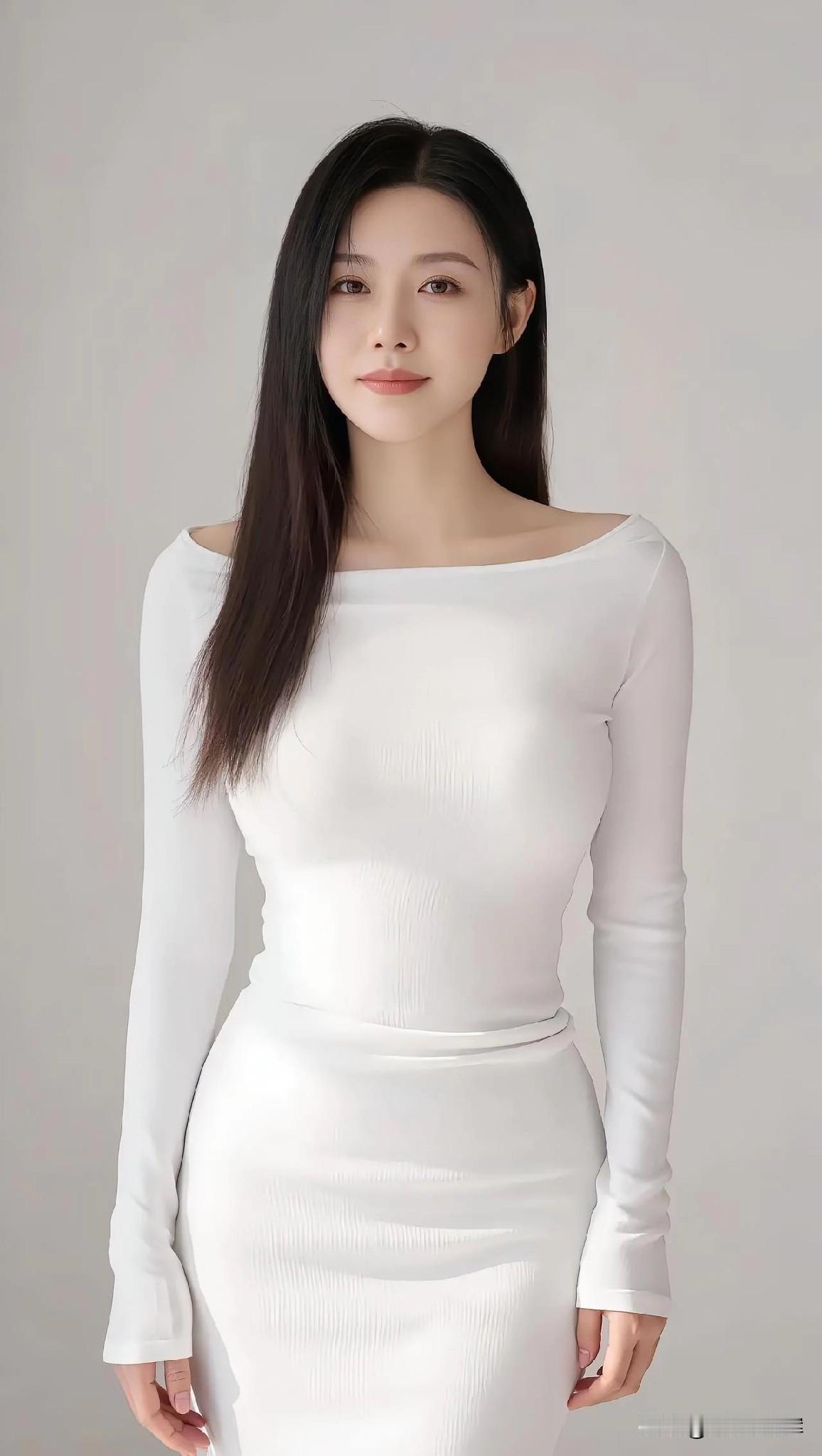 纯白如雪，温柔裹住静谧时光。方领轻启，锁骨藏着月光诗行。长袖垂落，勾勒手