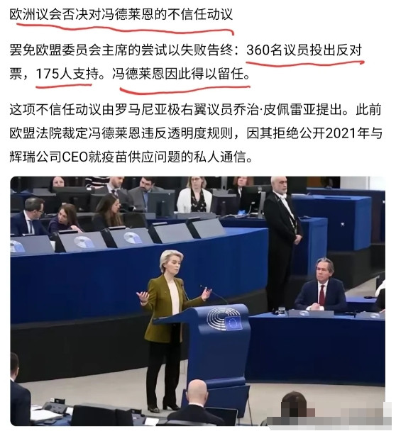 可能很多人都知道欧盟要投票罢免冯德莱恩，投票结果已经揭晓：175票支持、360