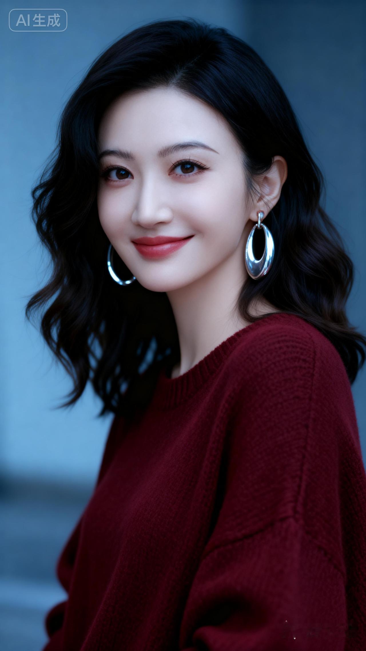 温柔微笑，红衣少女，时尚耳环，气质优雅