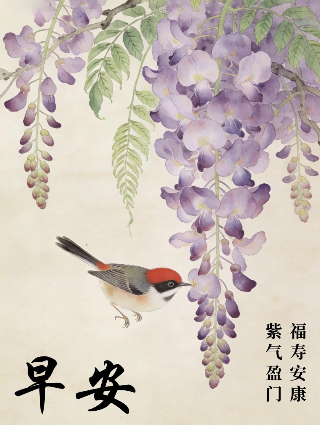 早安吉祥！紫气盈门，福寿安康，万事顺意！传统文化早安绘画