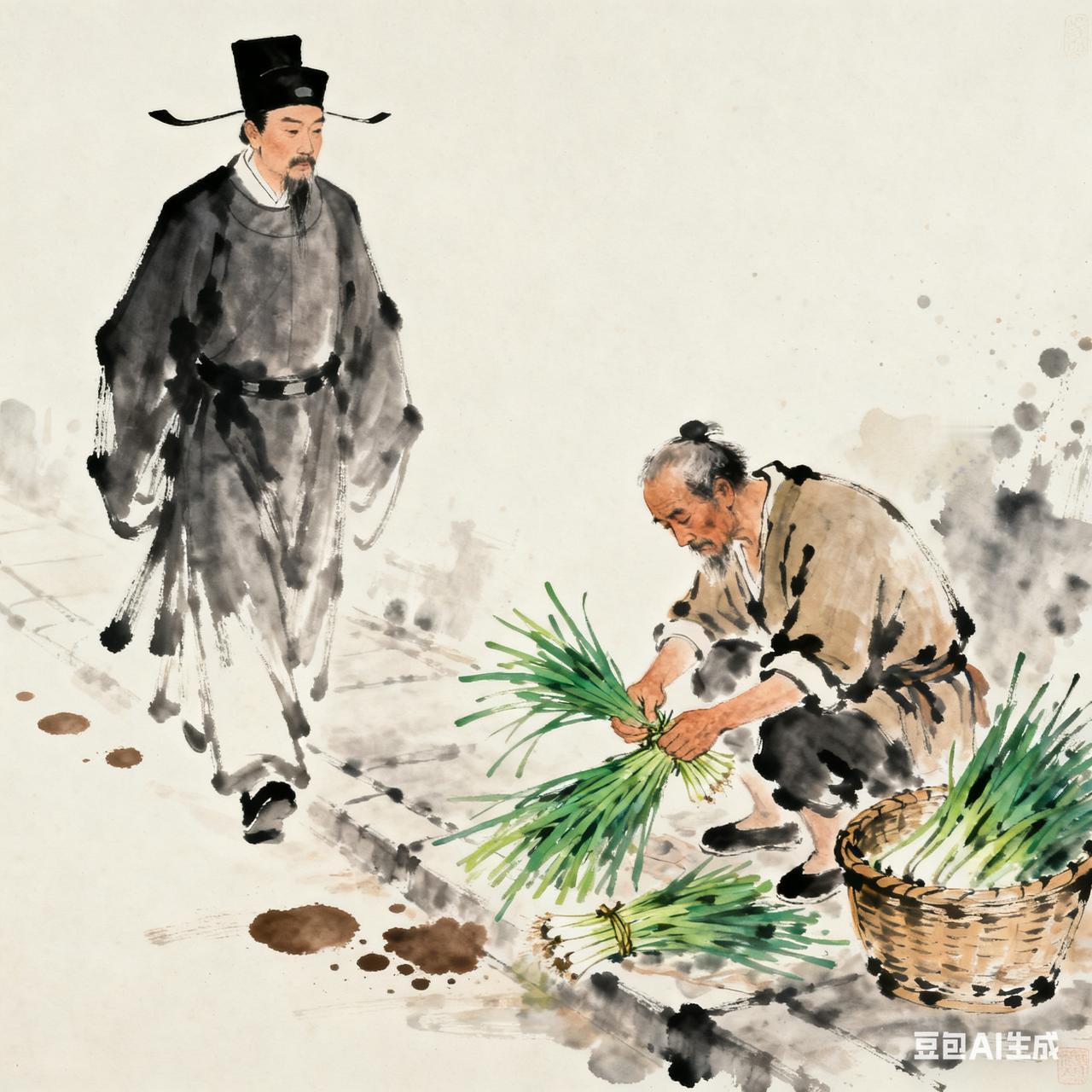 古代笑话知府大人到镇上体察民情，见卖菜老汉蹲在路边捆韭菜，想考较一番