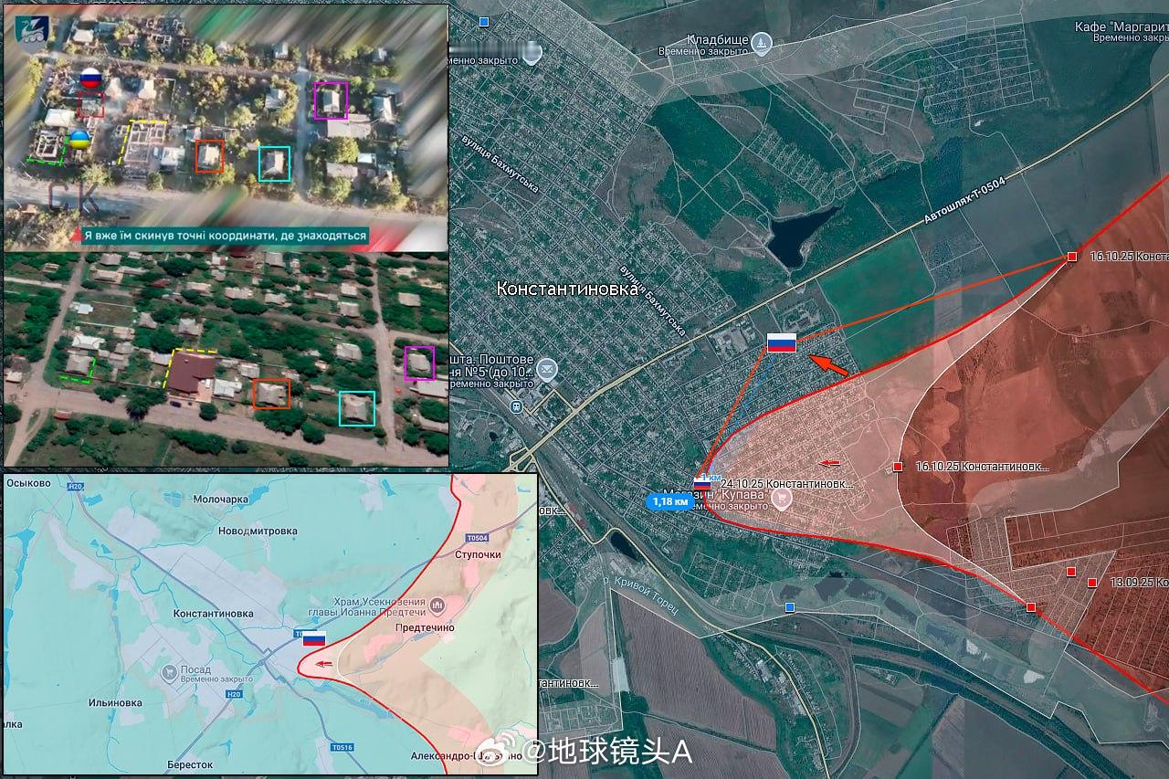 10月28日俄军在康斯坦丁诺夫卡的进攻情况。在昨天俄军突入桑图里诺夫卡区后,今天