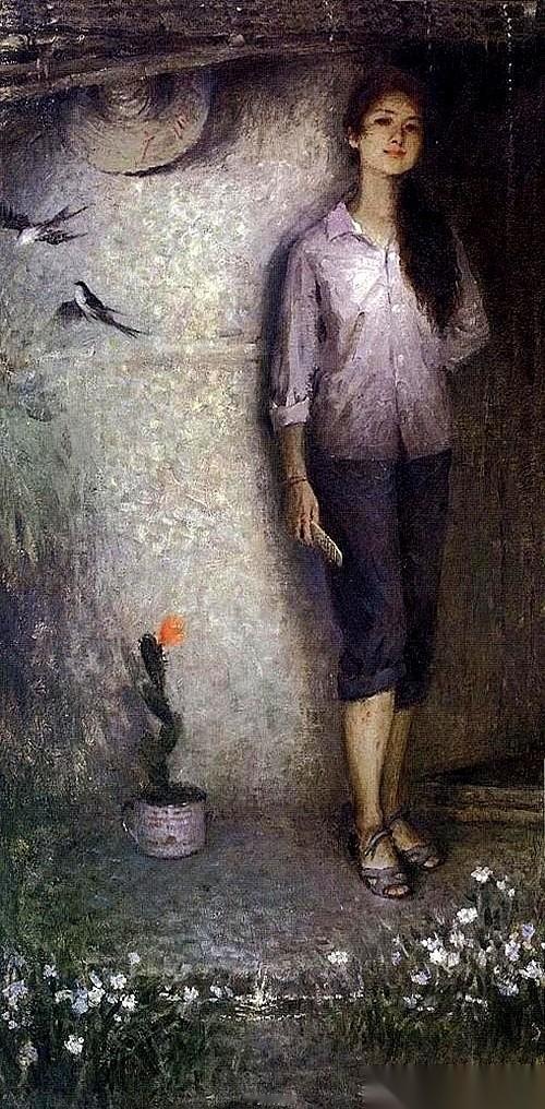 就一束光，打在一个姑娘脸上。身后，全是化不开的黑。这画叫《春》，但你看她，哪