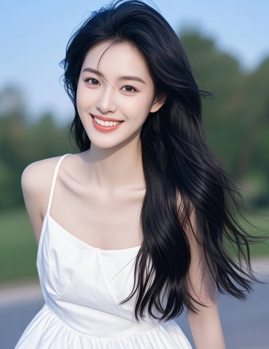 优雅的姿态定格瞬间，长发与温柔笑容成就永恒