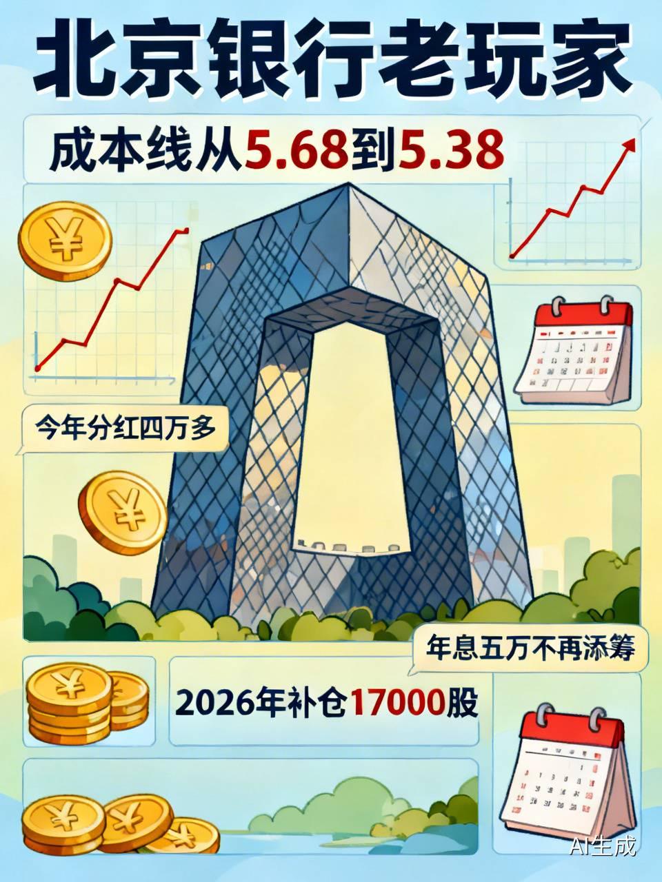 他是北京银行的老玩家了，账户里的成本线，愣是从5.68磨到了5.38，像老农一锄