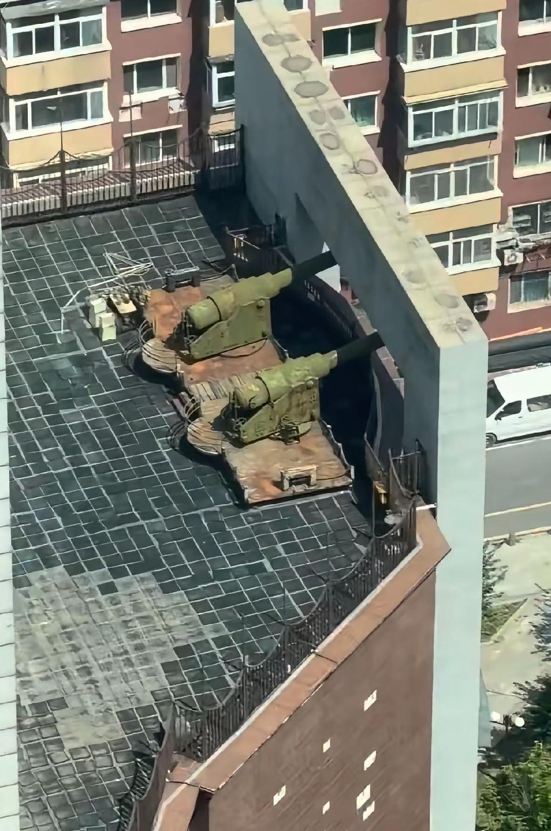 话说楼顶上架两座大炮是什么意思？这又是三七年了，再说两座大炮也生锈了，真用也发不