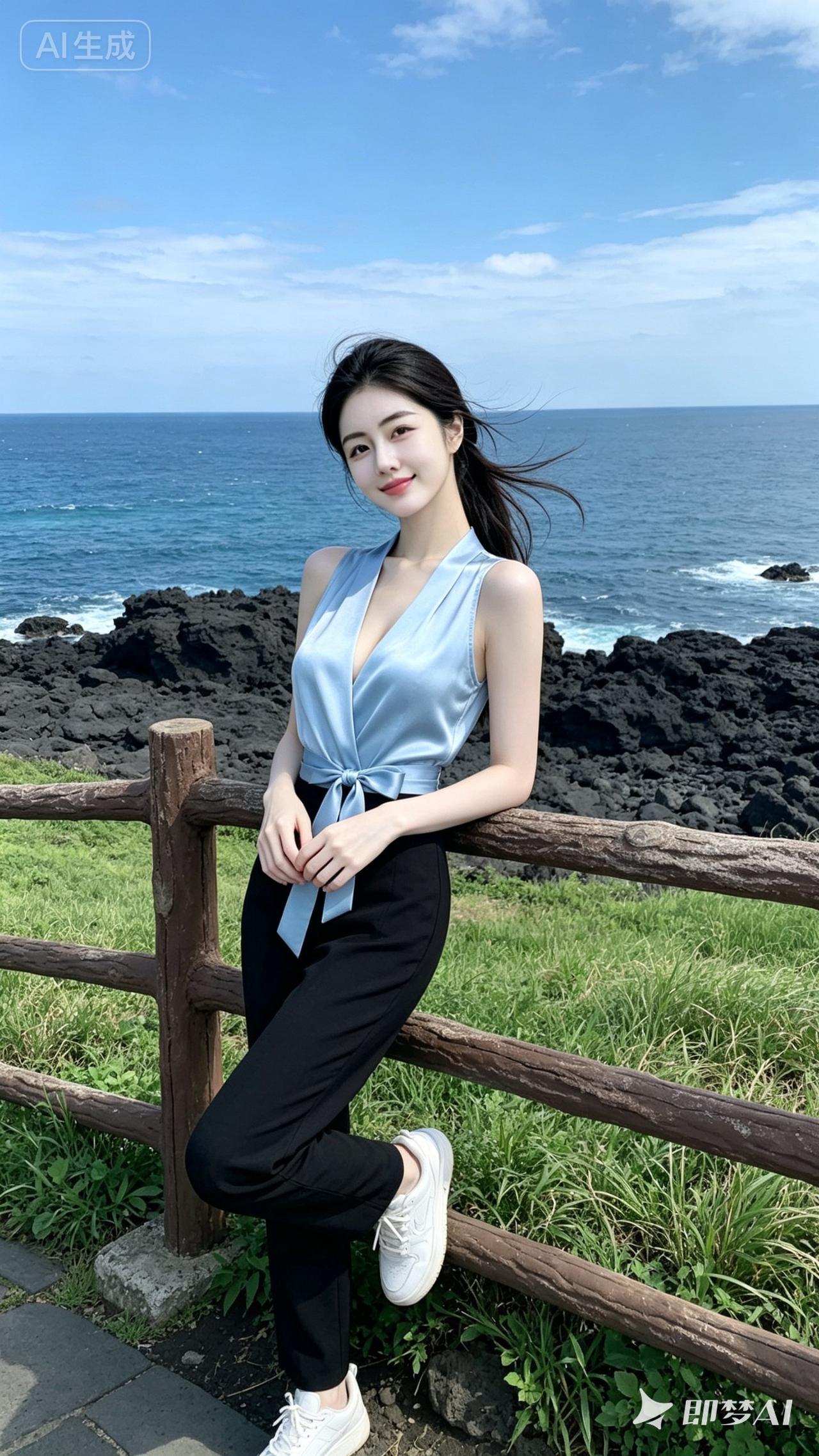 海边风景美，美女在栏杆边拍照。