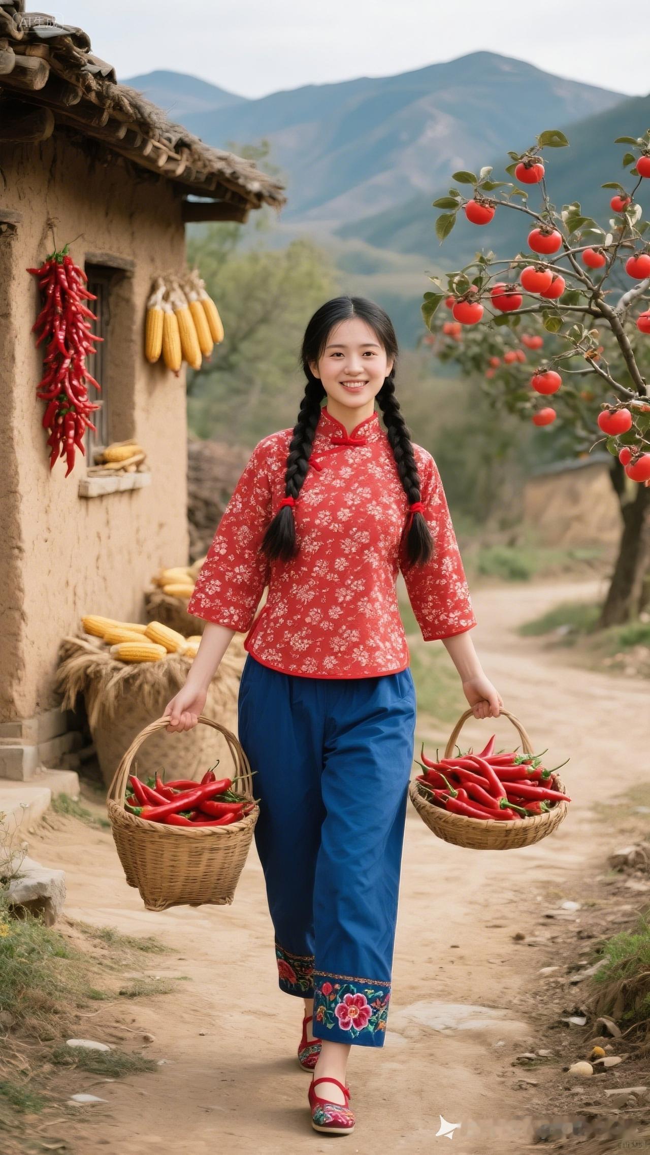 乡村女孩手提辣椒，笑靥如花，田园风光美如画。
