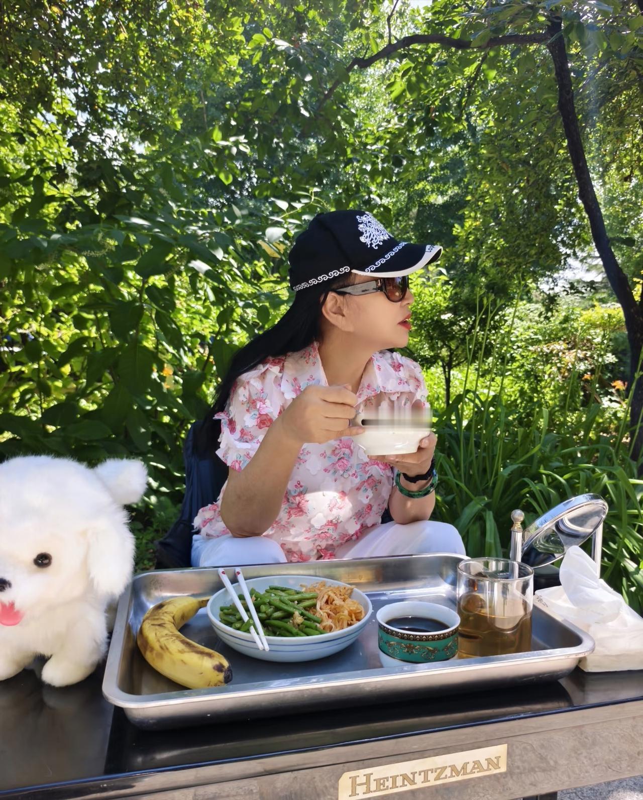 刘晓庆坐在田野里吃饭，吃的很简单，豆角，白菜丝，稀饭……抱着小狗，吃的很