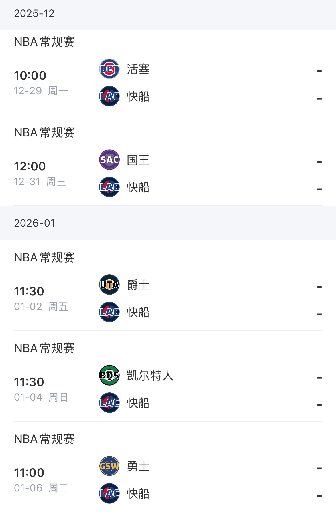 快船接下来5连主几胜几负？