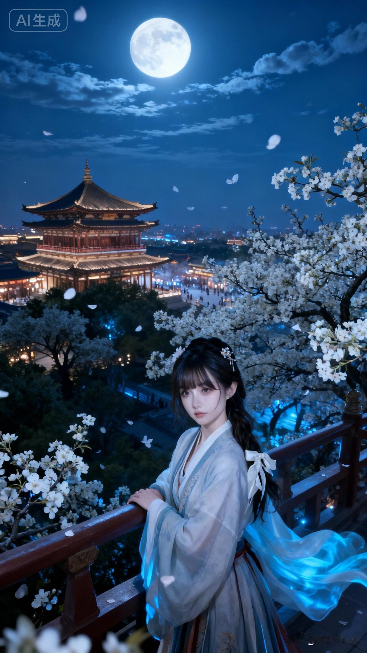 月光下的古风少女，梦回大唐！国风古代美人月下汉服美人大唐古风姑娘古风夜景