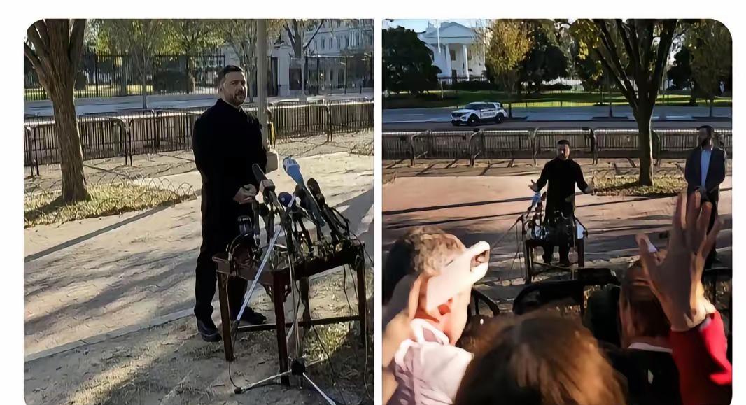 这可能是史上最简陋的记者招待会现场了！由于美国不允许泽连斯基在白宫举行记者招待会