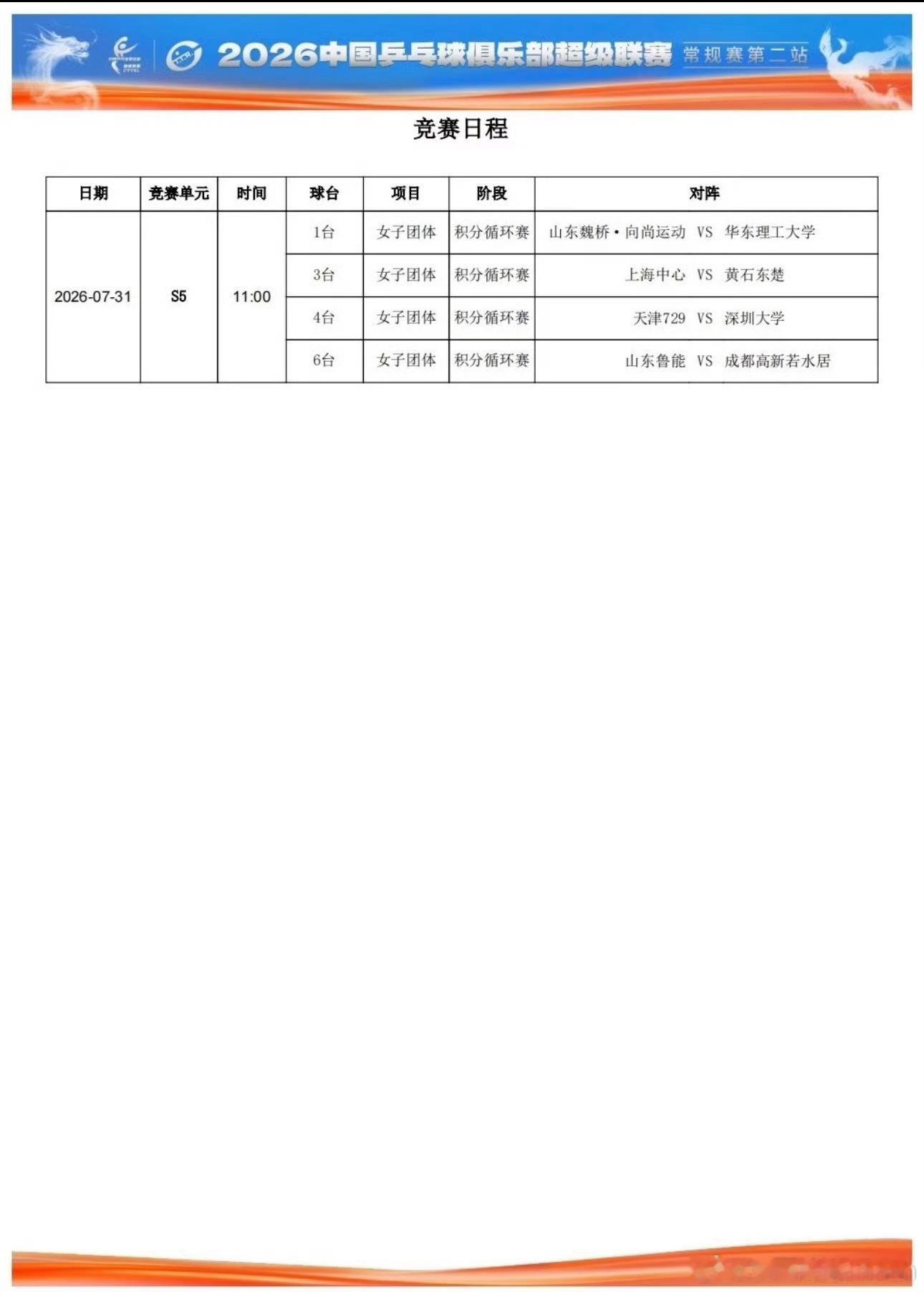 2026赛季中国乒乓球俱乐部超级联赛积分循环赛，7月31日上午场比赛赛程11:0