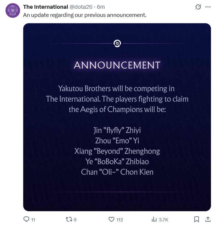 【重磅】V社官宣：YB将顶替GG参加2025国际邀请赛！​​​​