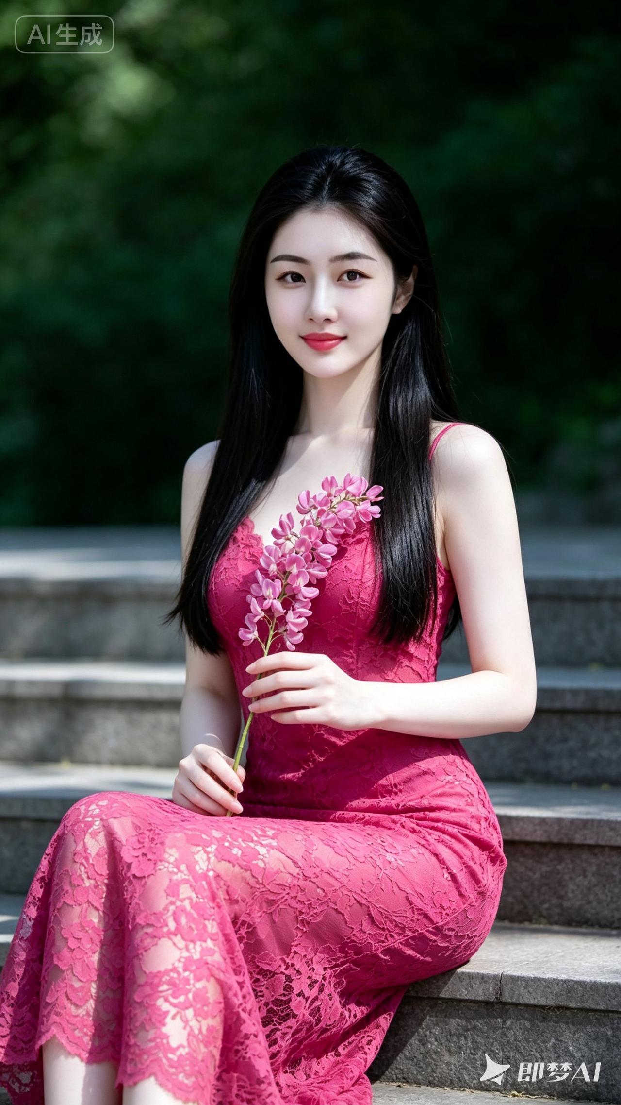 优雅红裙少女，手捧粉色花束，静坐石阶上，享受阳光的温柔拥抱。