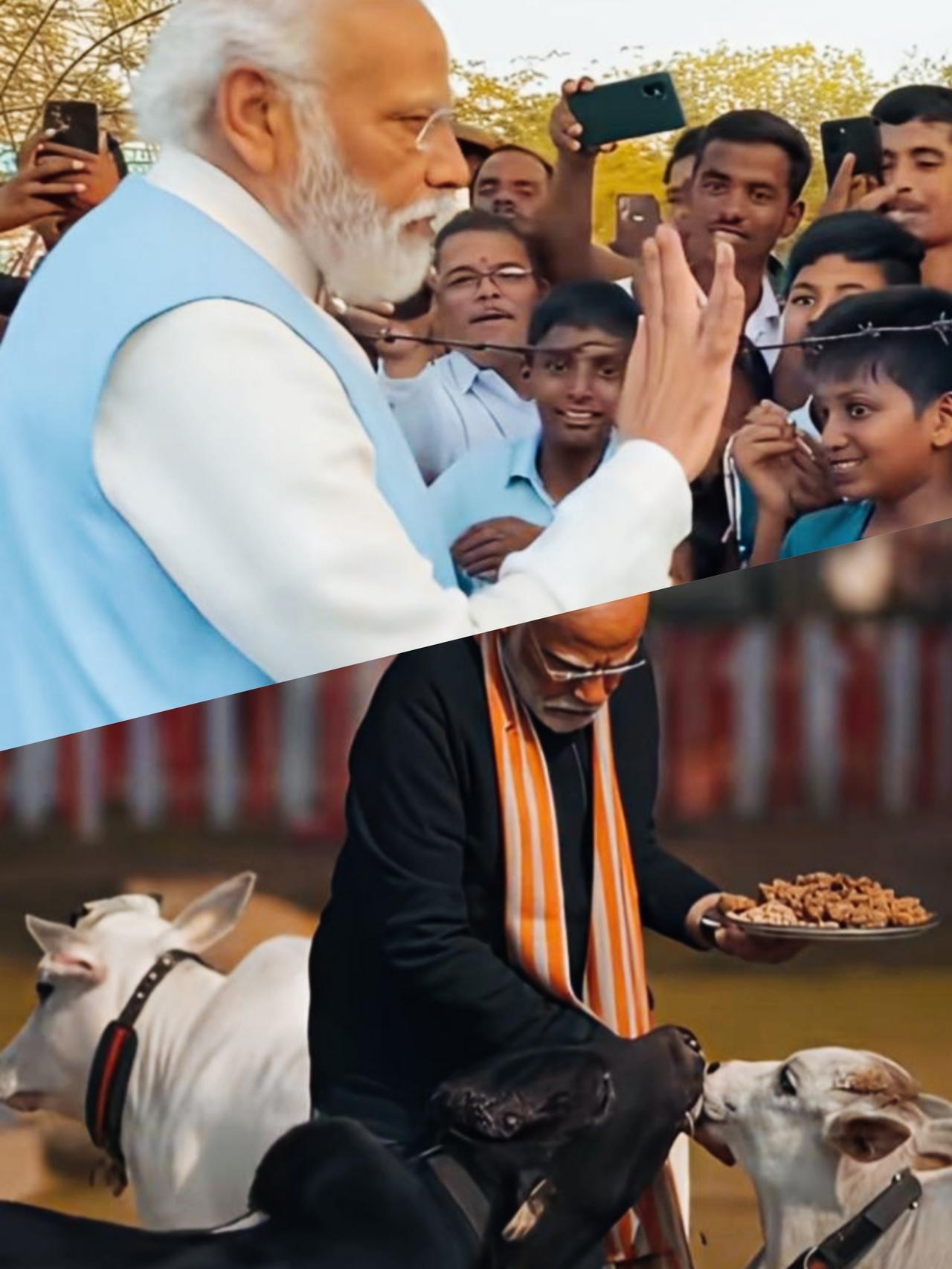 莫迪对待牛和对待孩子们是不是完全不一样啊？莫迪和牛很亲近啊！亲自细心的喂牛啊！