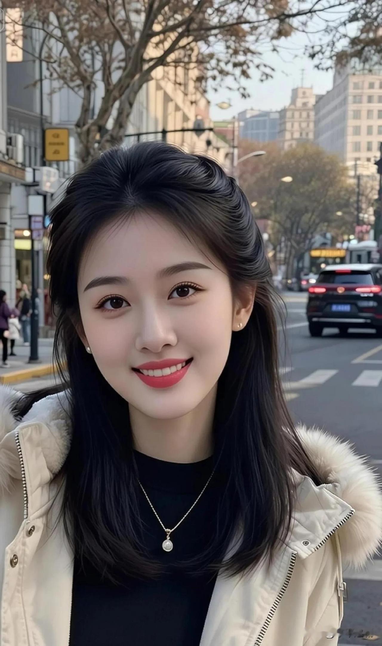 🍂暖冬街头，轻软的毛领裹住细碎暖意，用一抹甜笑接住城市里的温柔日光。露肩街