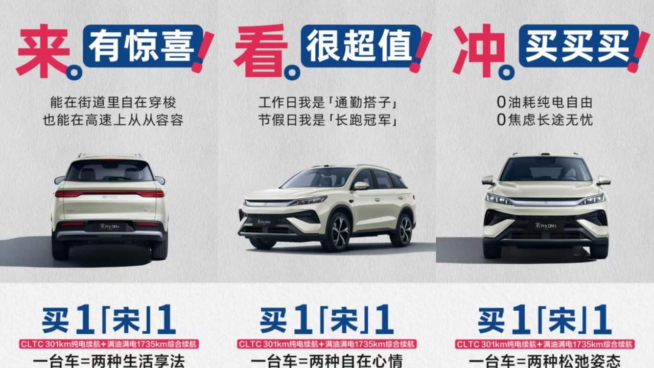 0油耗纯电自由，宋ProDM-i飞驰版买1宋1超值4月22日，比亚迪宋Pro