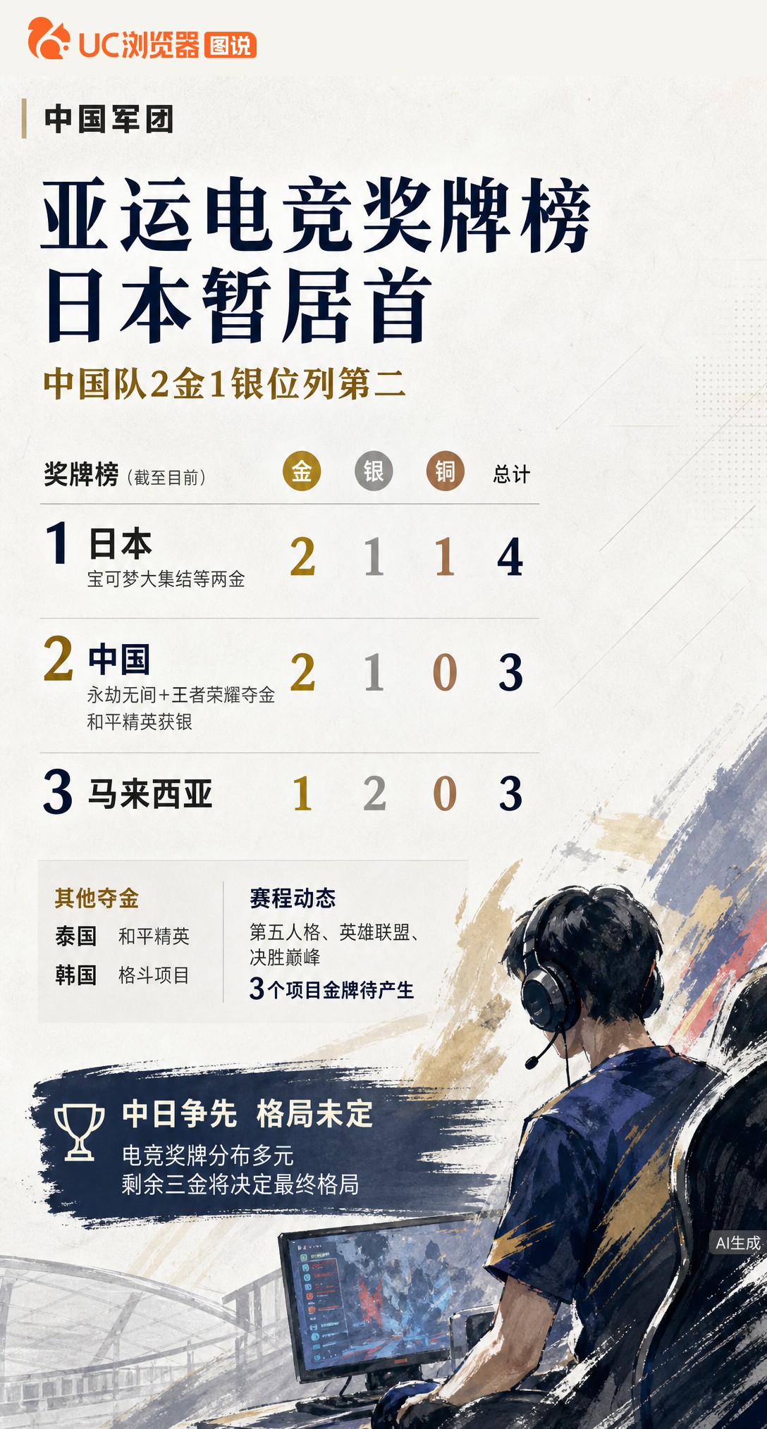 名古屋亚运电竞半程盘点：中国队凭永劫无间、王者荣耀拿2金1银暂列第二；日本队同积2金领跑。剩余3金未