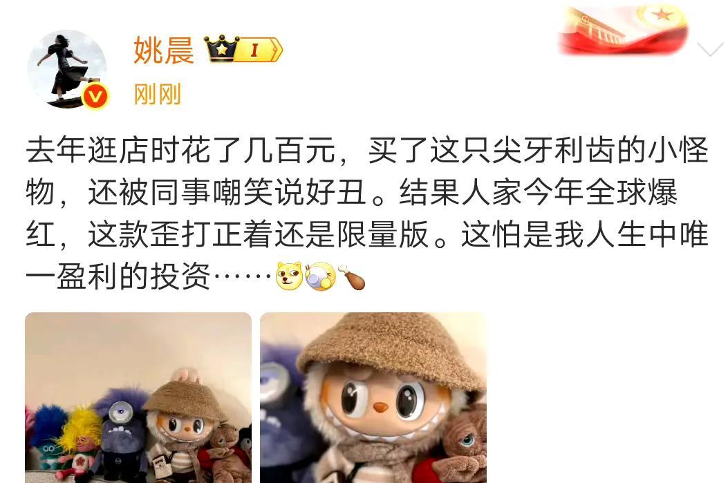 姚晨说labubu是她唯一盈利的投资原本我还不相信直到我看到其他玩偶，才明白