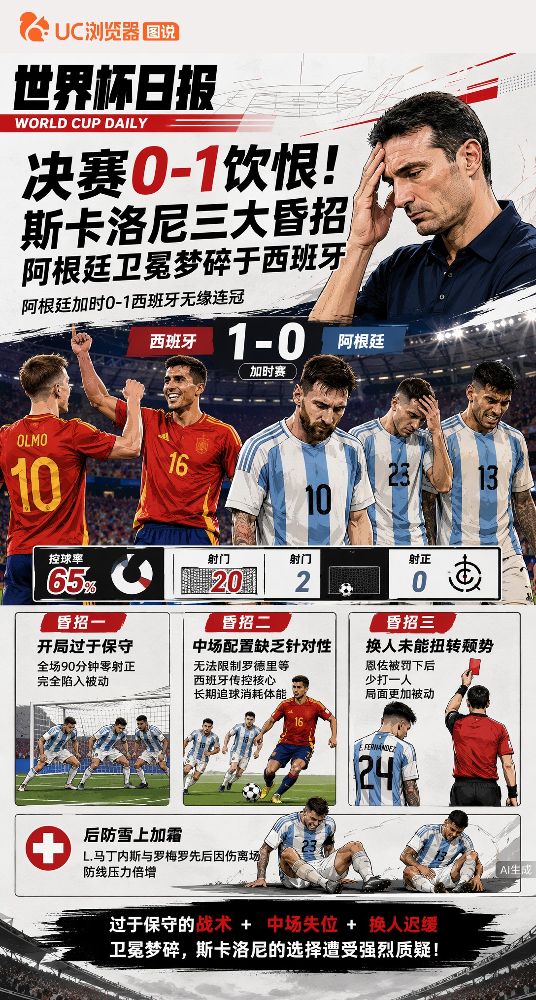 决赛0-1饮恨！斯卡洛尼三大昏招，阿根廷卫冕梦碎于西班牙