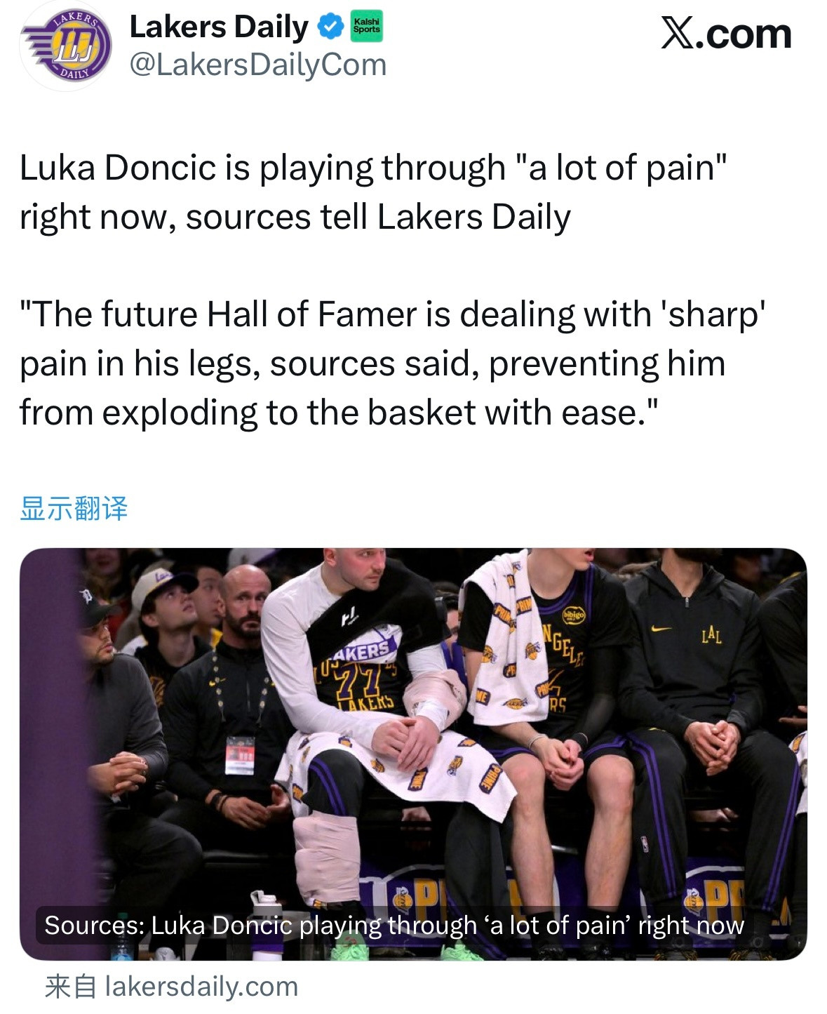 小道消息LakersDaily透露，东契奇带伤作战：东契奇目前是带伤作战，承受