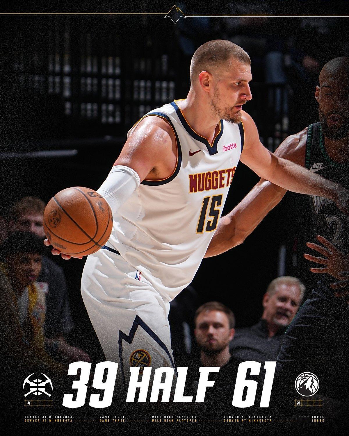 掘金半场39分，队史第14次季后赛上半场不超39分，过去9次都输。31%的半场运