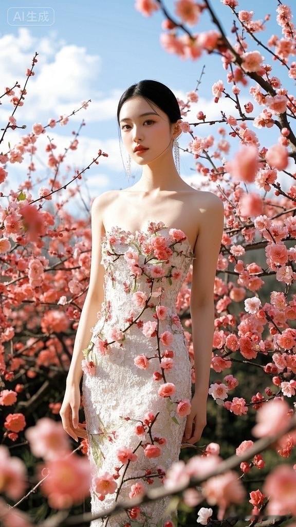 樱花树下，少女与花共舞，唯美浪漫。