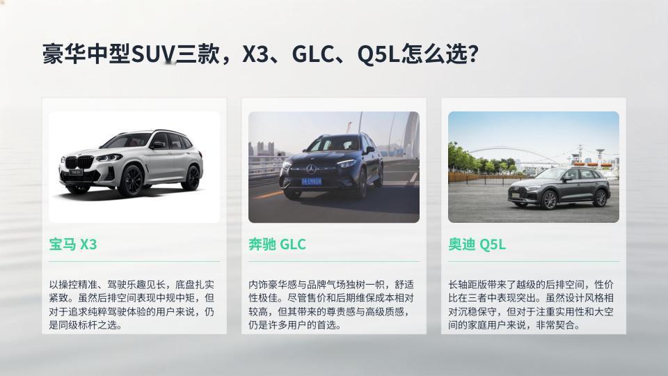 豪华中型SUV三款，X3、GLC、Q5L怎么选？宝马X3、奔驰GLC、奥迪Q5