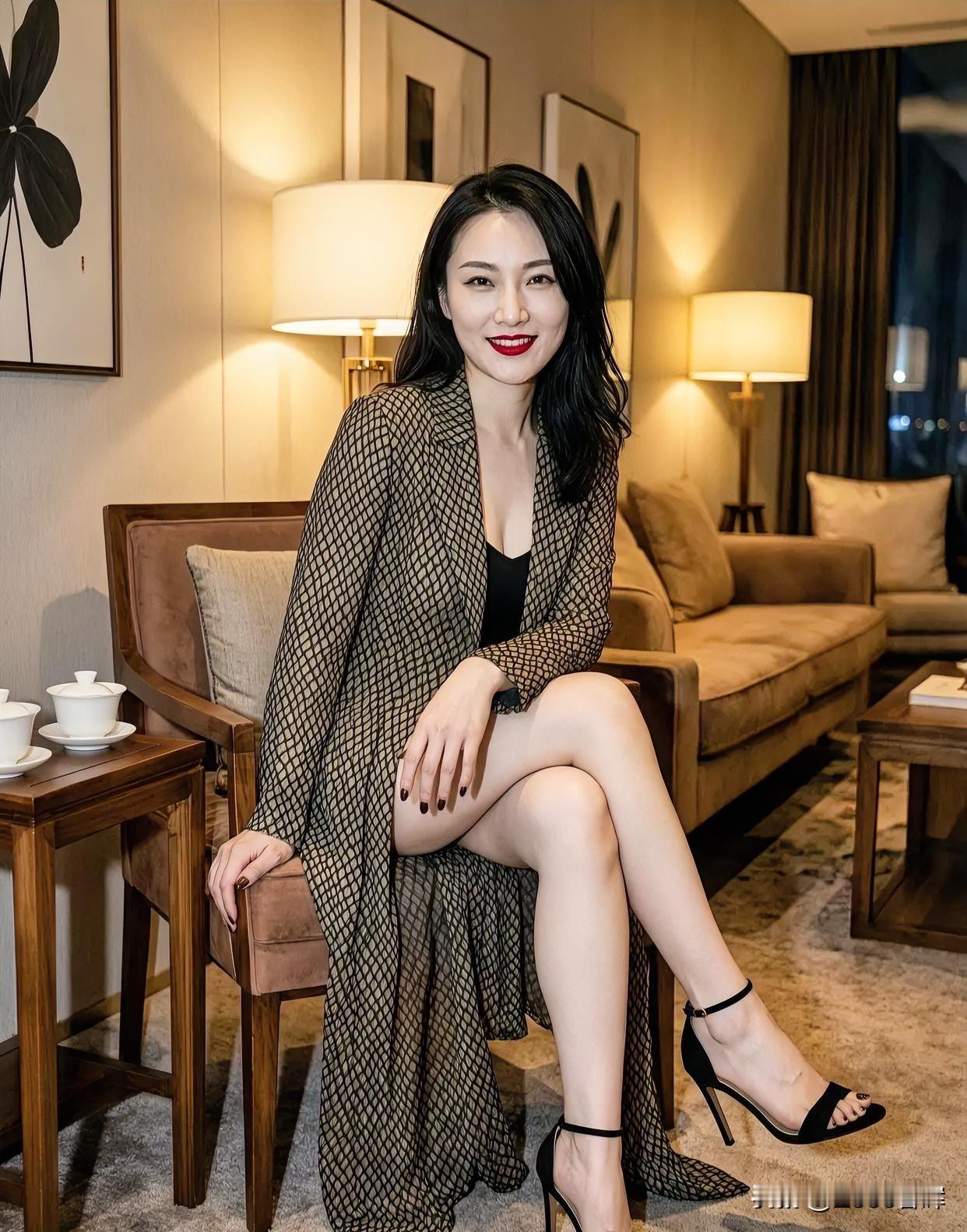 网纱疏影，透出从容。格纹叠韵，藏锋于柔。茶烟袅袅，心随境安。高跟轻点