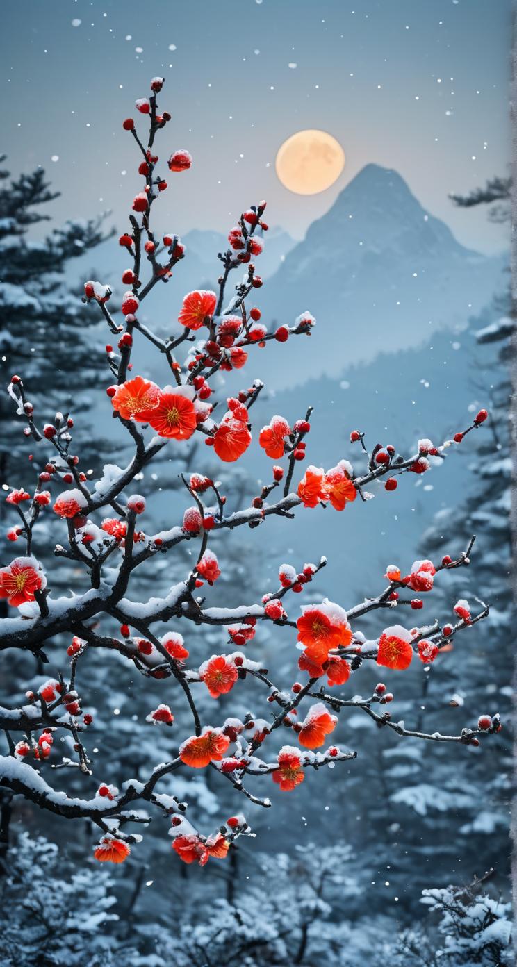 ，诚邀下联（平台提供）我的创意下联可以是：1、点点红梅斗霜雪🤛枝枝翠