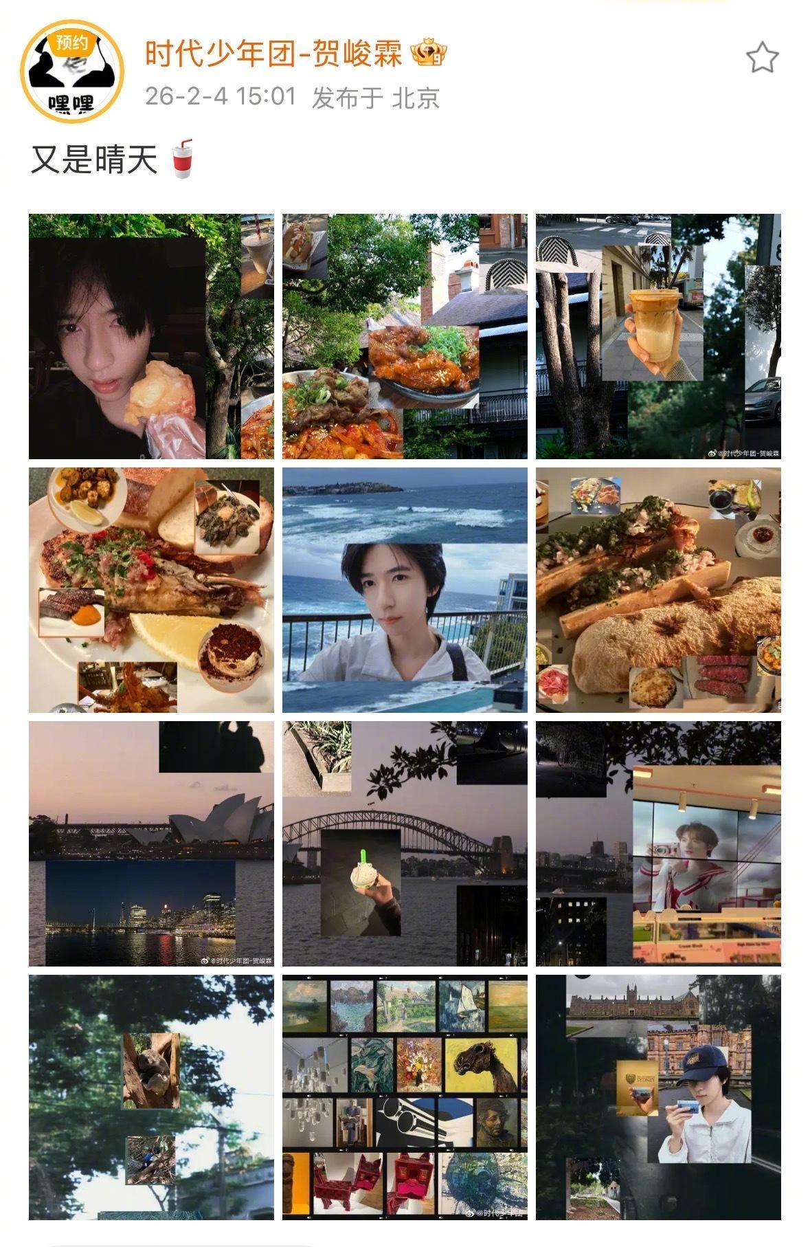 贺峻霖说又是晴天附赠一份悉尼漫游手册，审美天才贺峻霖的12宫格悉尼日记请查收?
