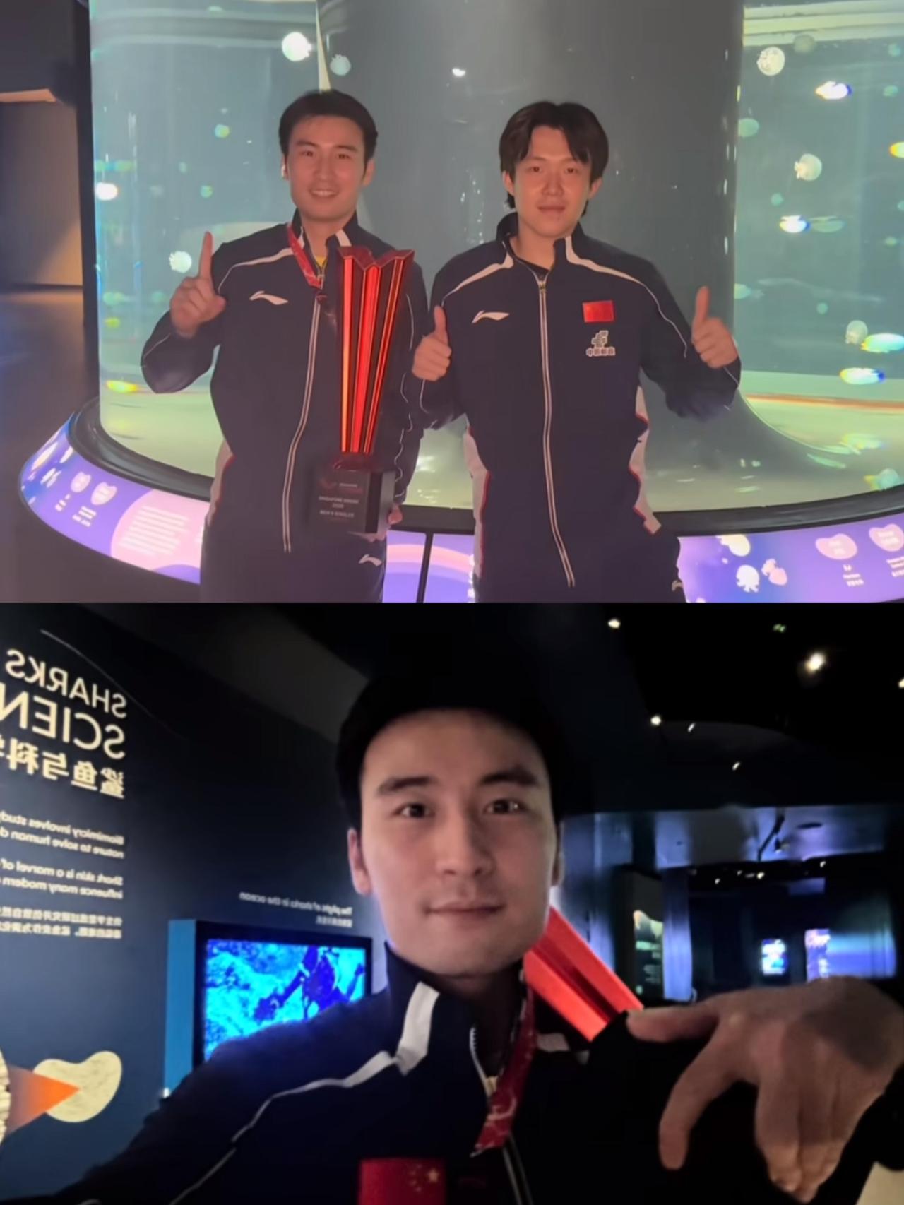 真的是在海洋馆了，牛牛和头头都合拍上了，都知道留影纪念，冠军的合照七点多了还没等