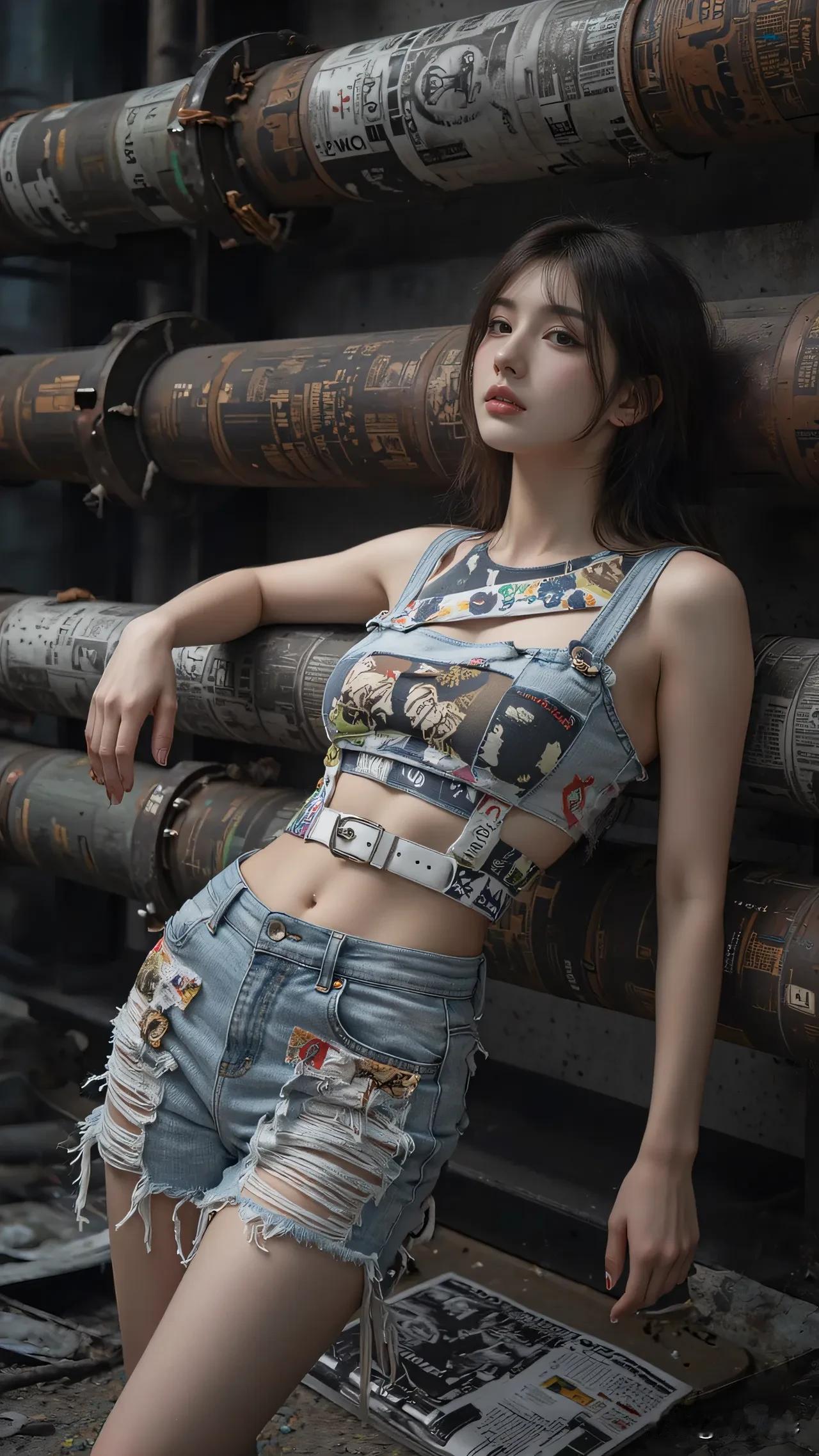 光之影&AI工业风少女，复古牛仔与现代涂鸦的完美碰撞！酷感牛仔女孩时尚牛仔