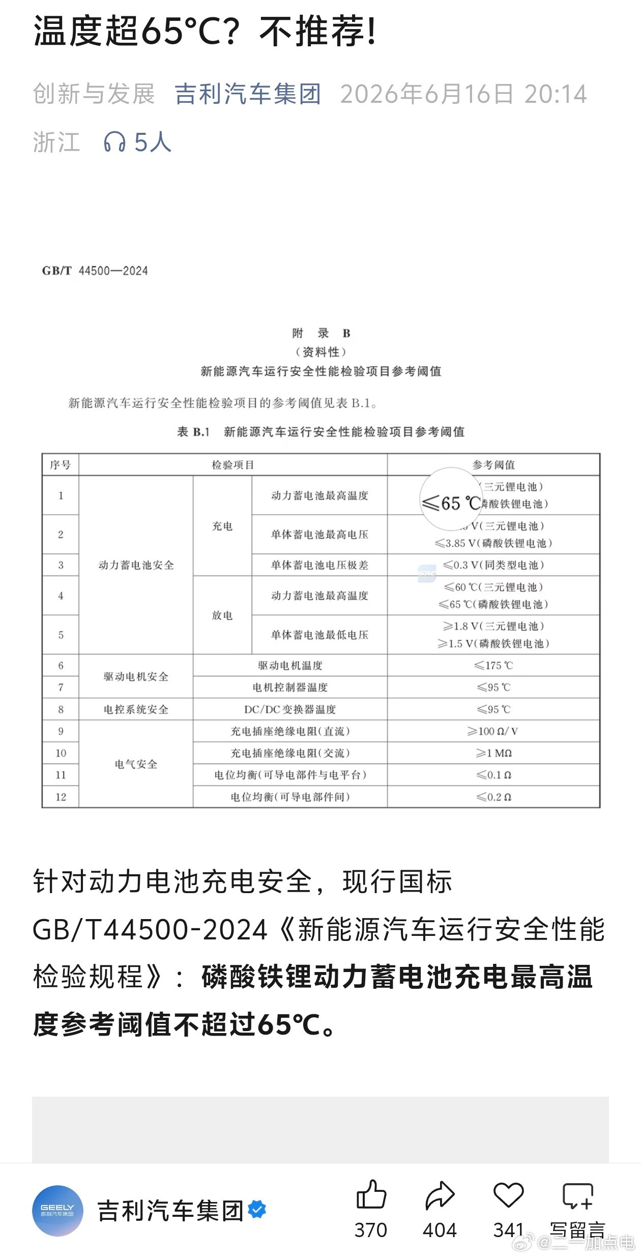 “温度超过65度，不推荐”不推荐而已啊，没说别的gb/t国标而已，不强制你吉利也