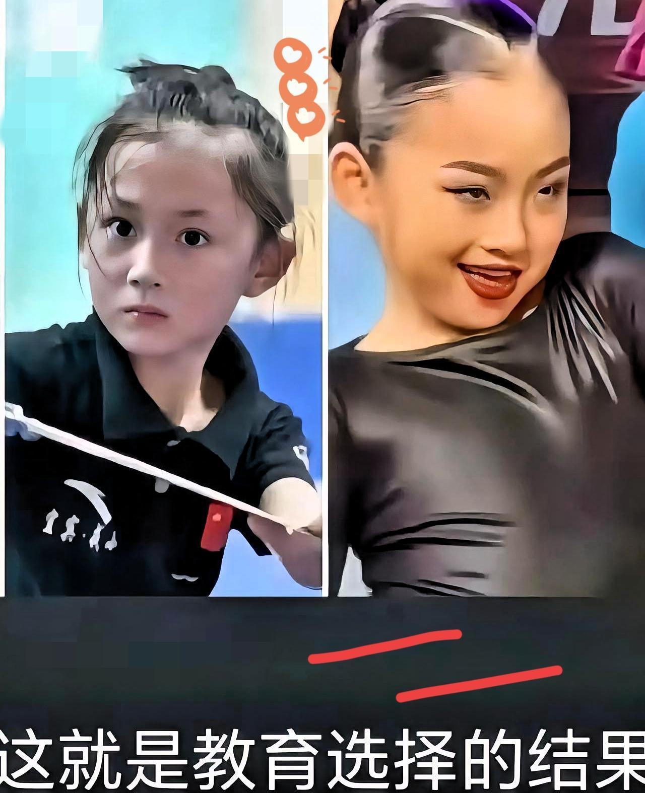 左边小女孩学中国武术，右边的小女孩学拉丁，可以非常直观的看到中西教育的区别，一个