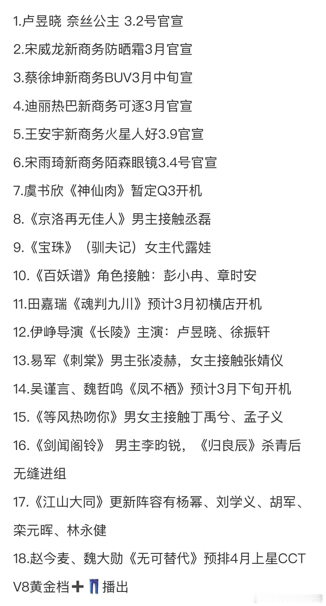 2.26圈内小🍉1.卢昱晓奈丝公主3.2号官宣2.宋威龙新商务防晒霜3月官