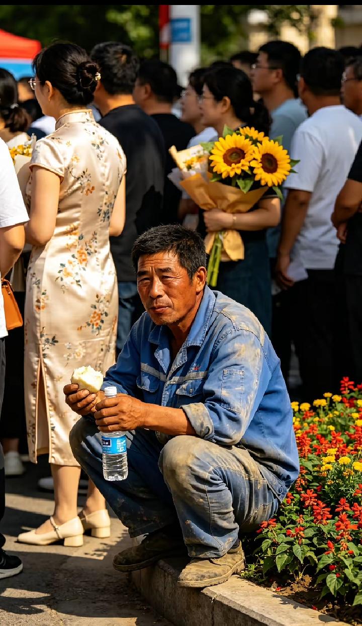 今天上午，我送儿子去高考。考场外面站满了家长。有的穿着旗袍，有的拿着向日葵，有
