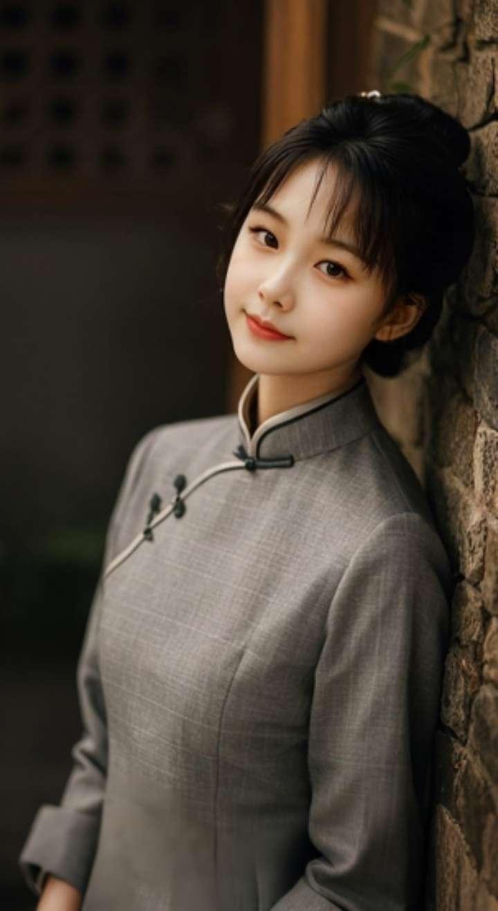 AI扩图AI灰格旗袍韵