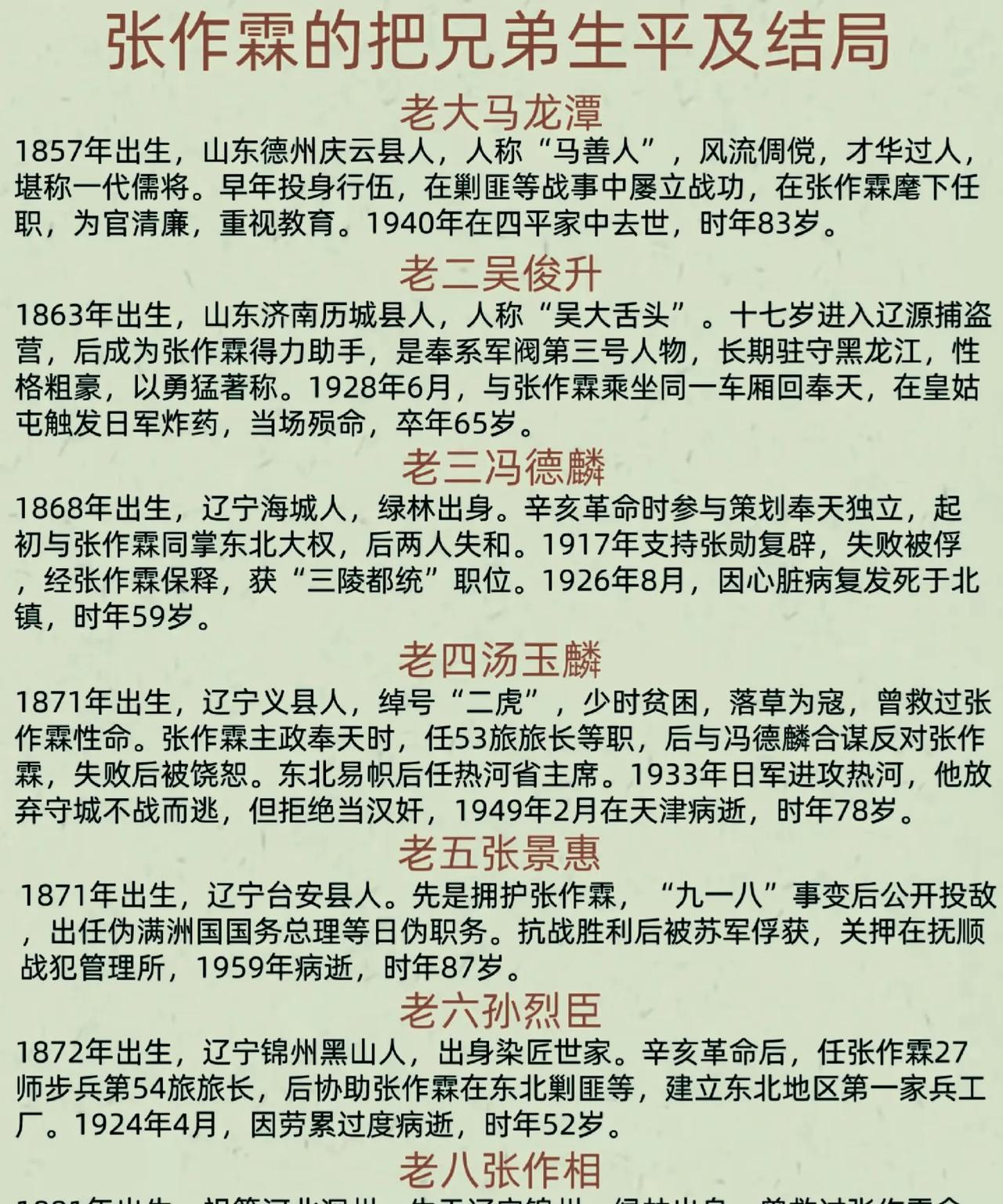 东北王张作霖7位拜把兄弟的生平结局