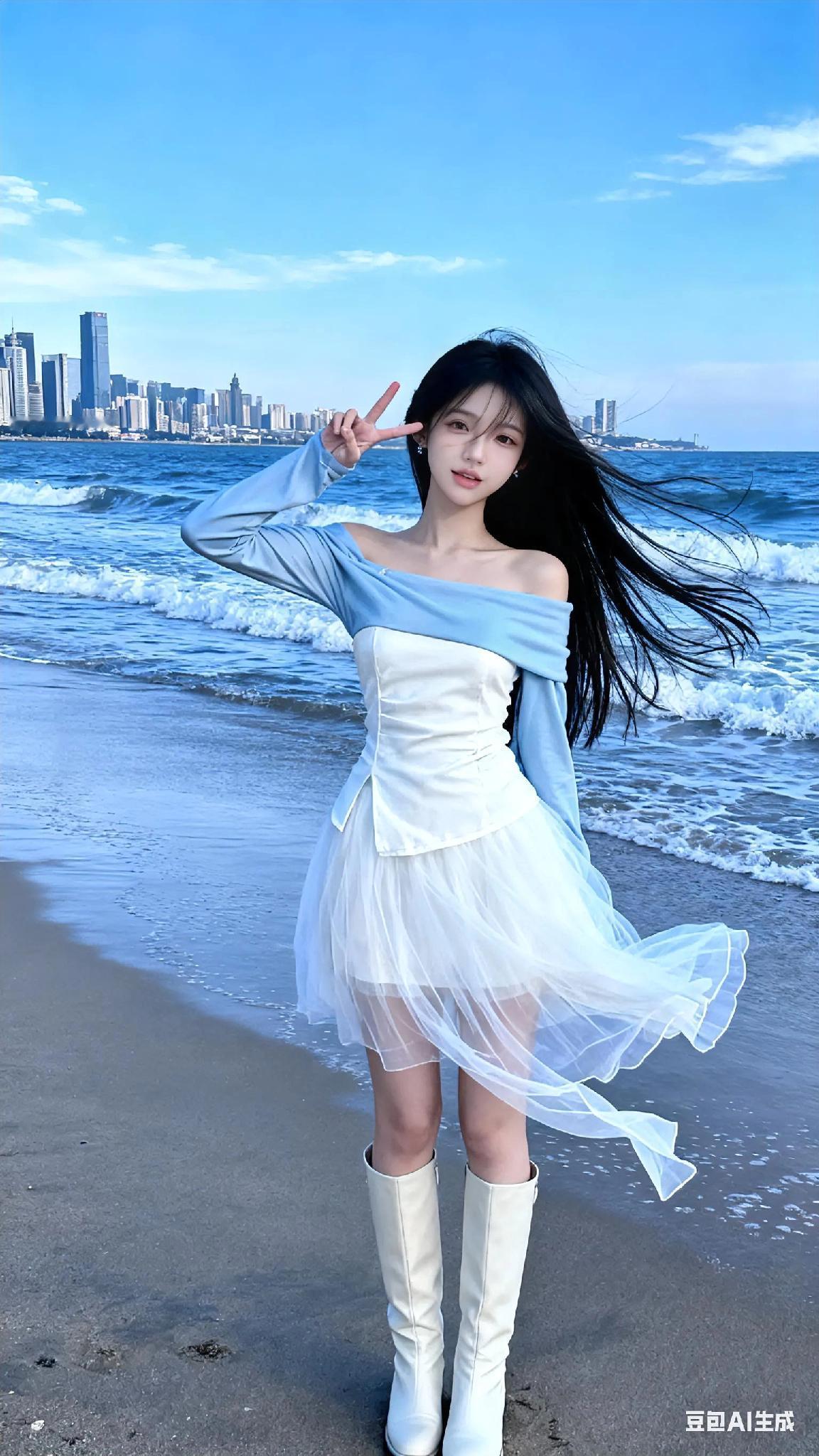 海边少女风，白色连衣裙，海浪轻拂，城市天际线为背景，阳光明媚，拍照姿势可爱。