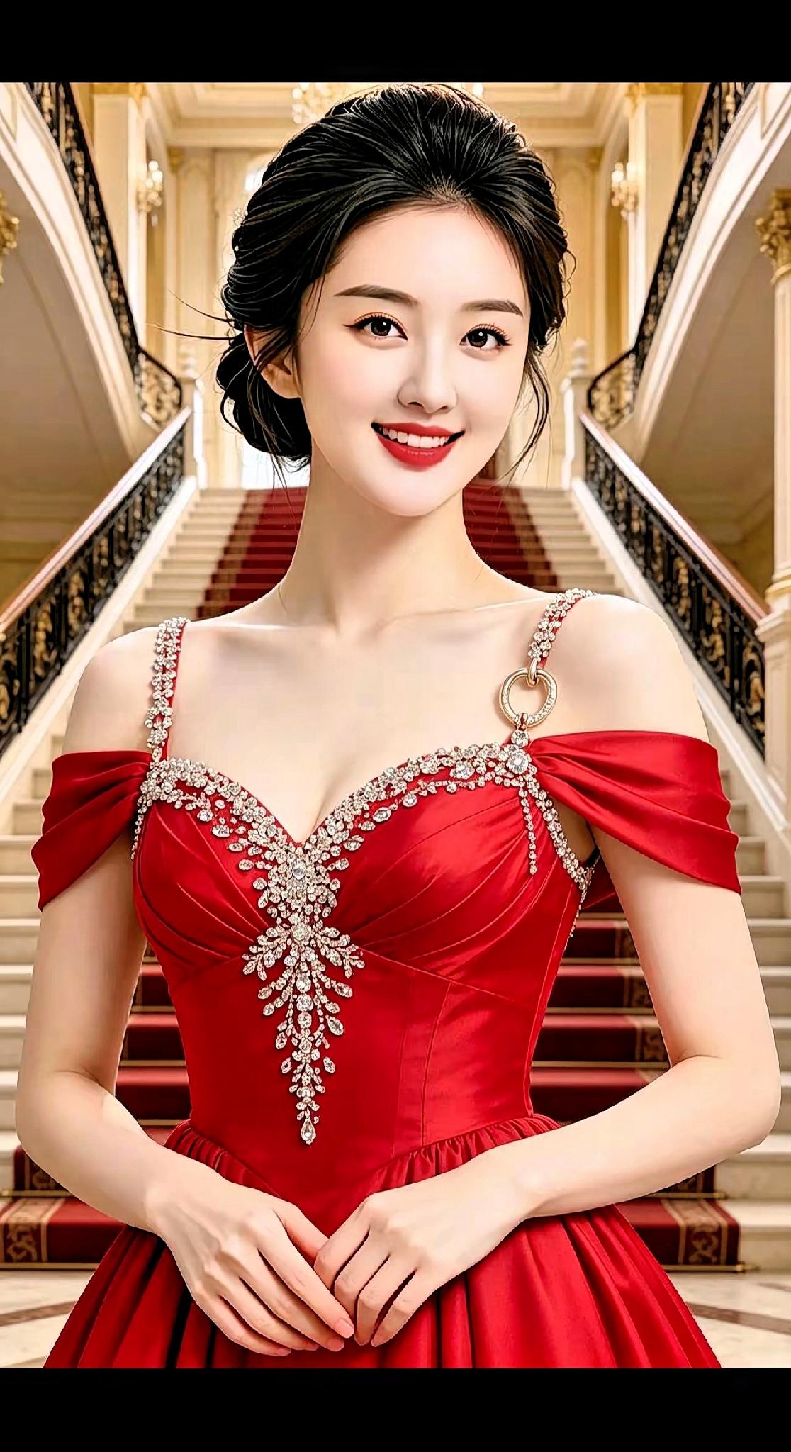 穿红色礼服的女士在豪华楼梯前微笑。