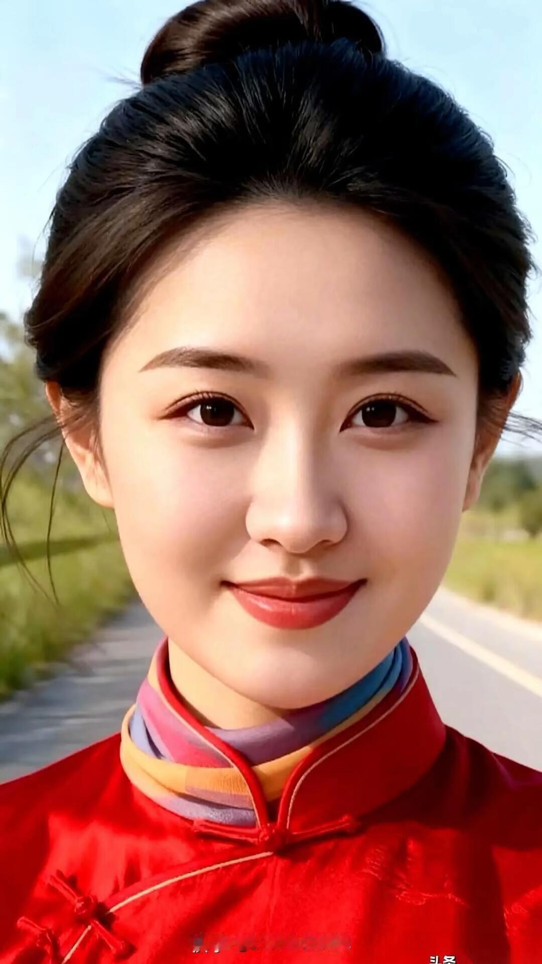 红衣少女，笑靥如花，元气满满的一天！🌞💖