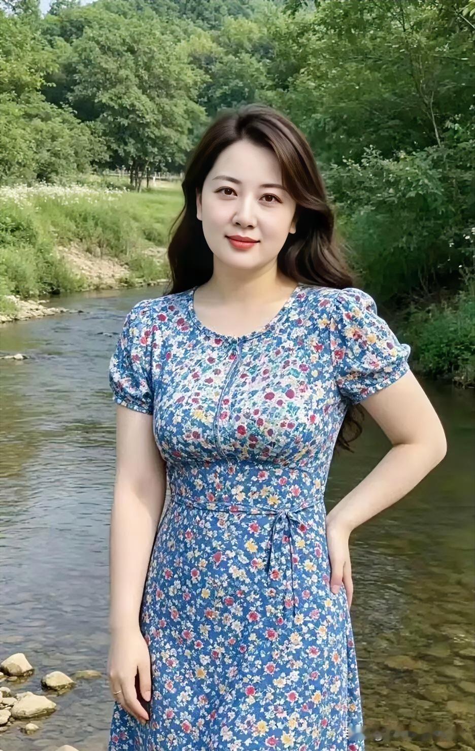 溪畔碎花裙摇曳生姿，清风拂面，定格夏日温柔从容的自然画卷。