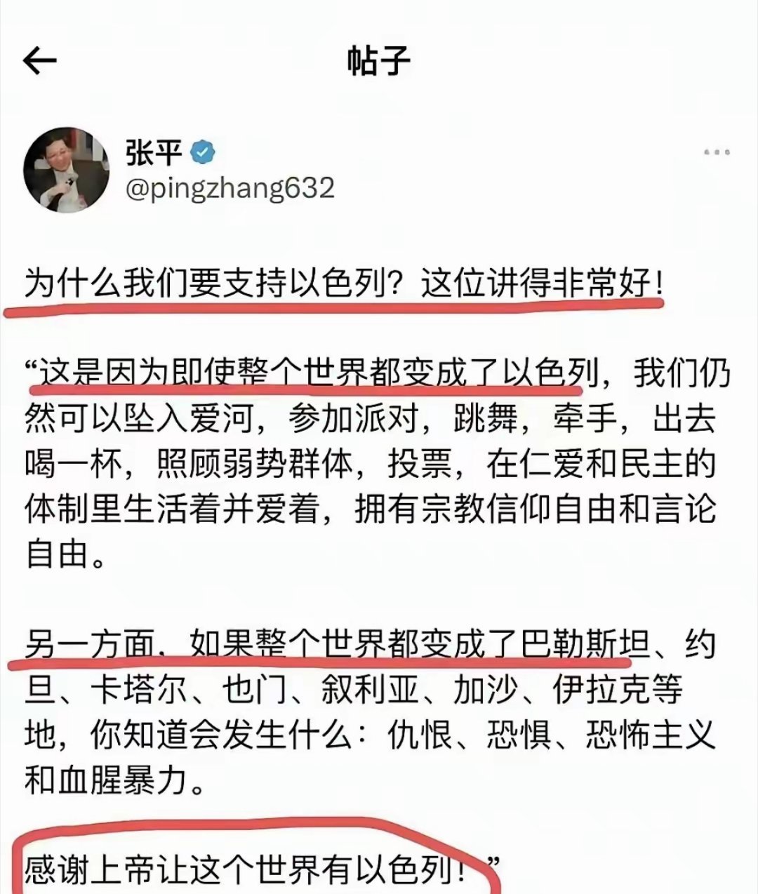 张平：“感谢上帝让世界有以色列”。