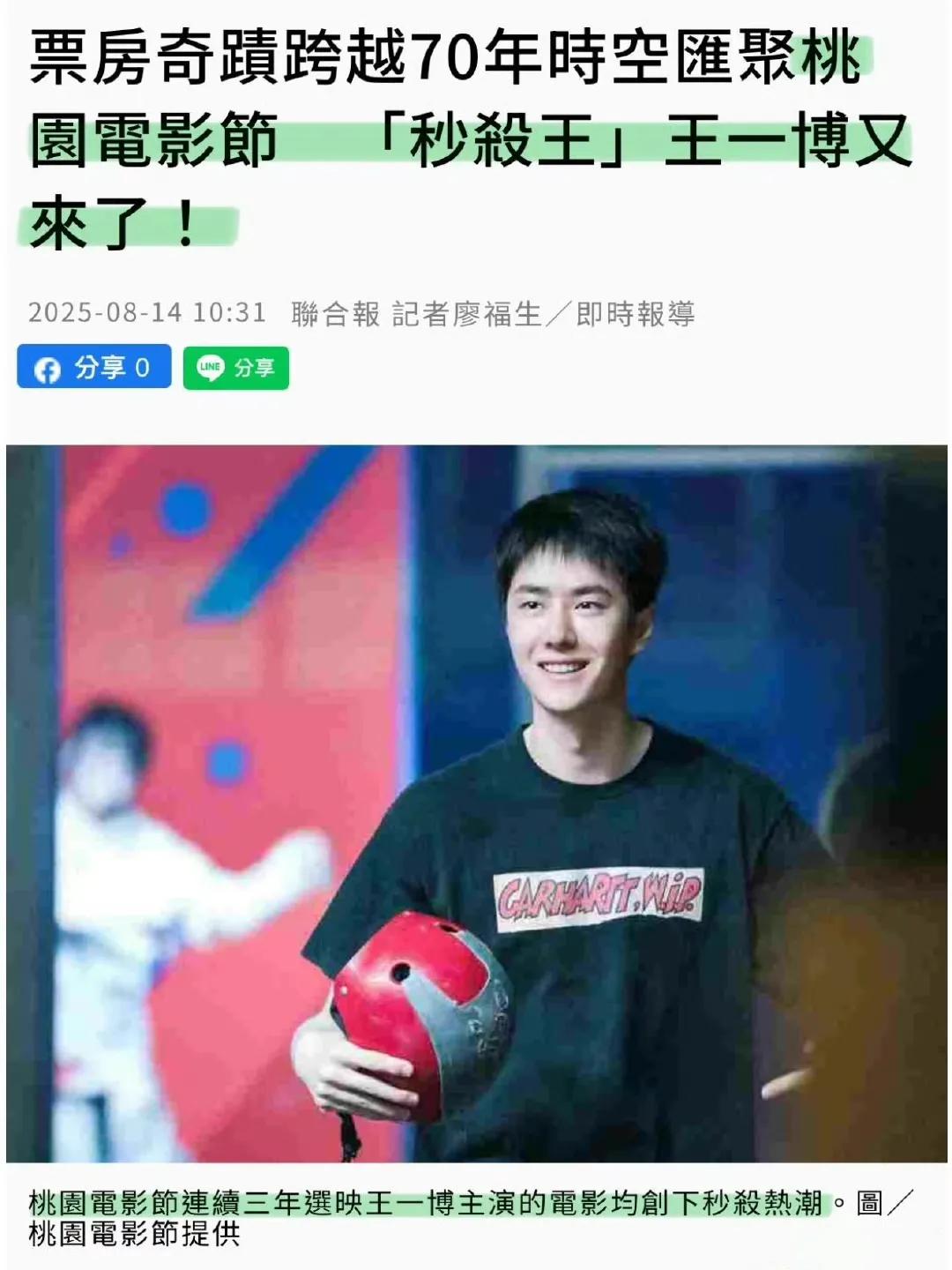 “桃园电影节连续三年选映王一博的电影均创下秒杀热潮”[赞]。台媒称王一博为“票