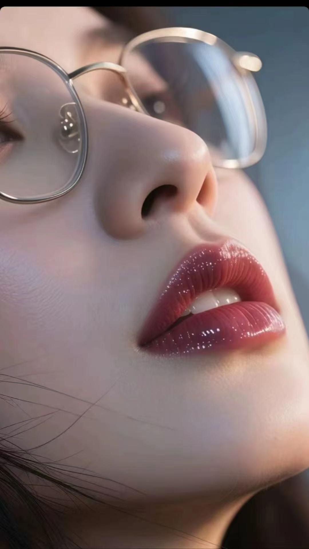 甜美诱惑，红唇轻启，眼镜下的迷人微笑