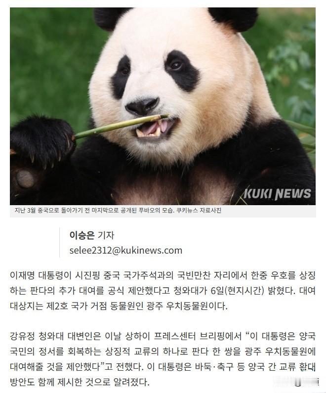 李在明提出将一对熊猫租借至光州牛峙动物园，以此作为恢复两国国民情绪的象征性交流举