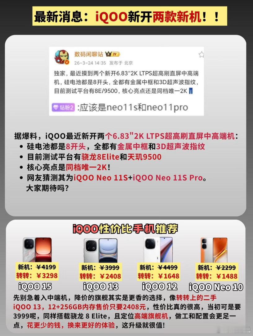 iQOO这波是要把中端机卷到飞起啊！Neo11S系列这俩新机，爆料直接给全了：